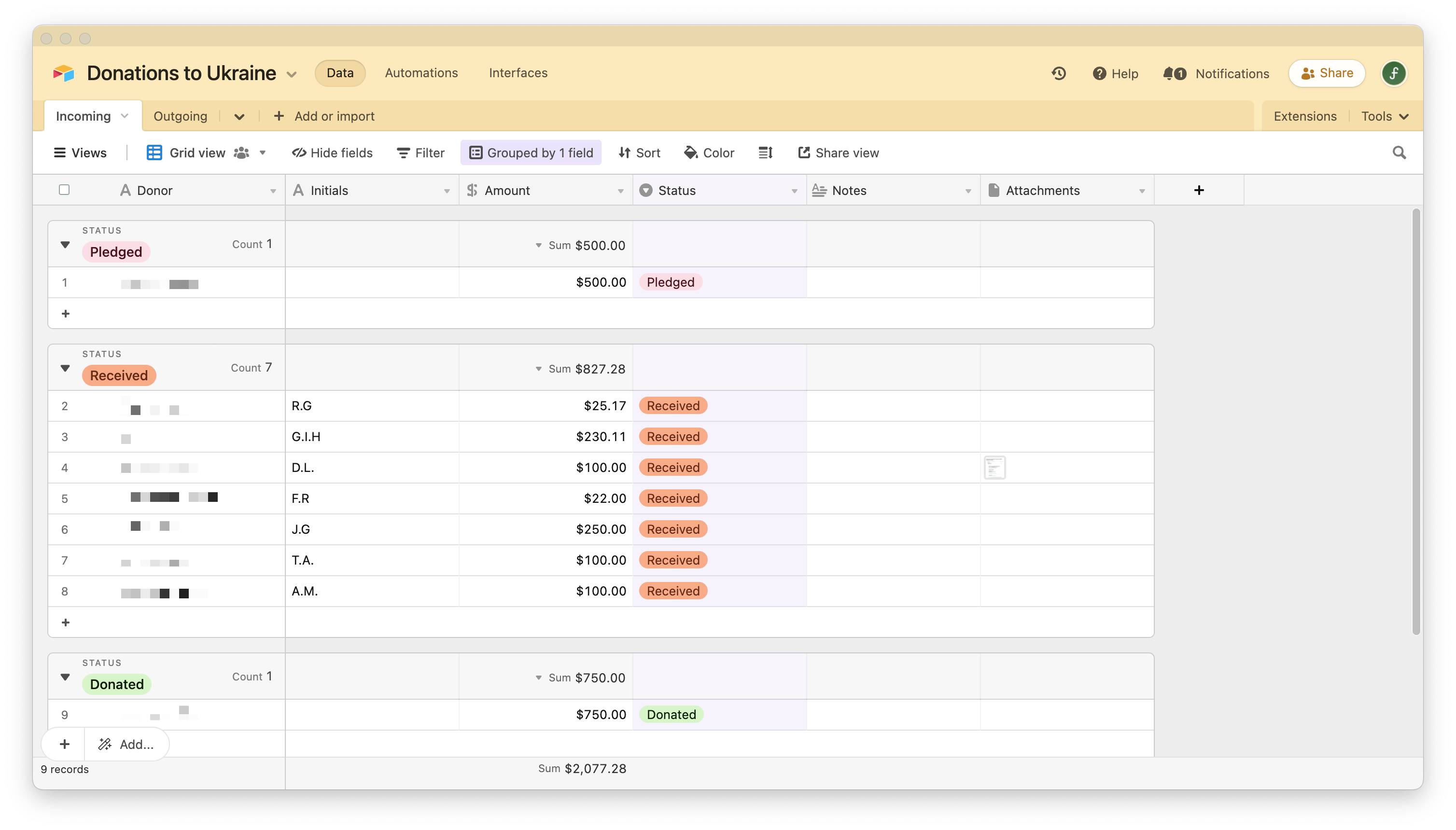 Tracking financial donations to Ukraine in Airtable