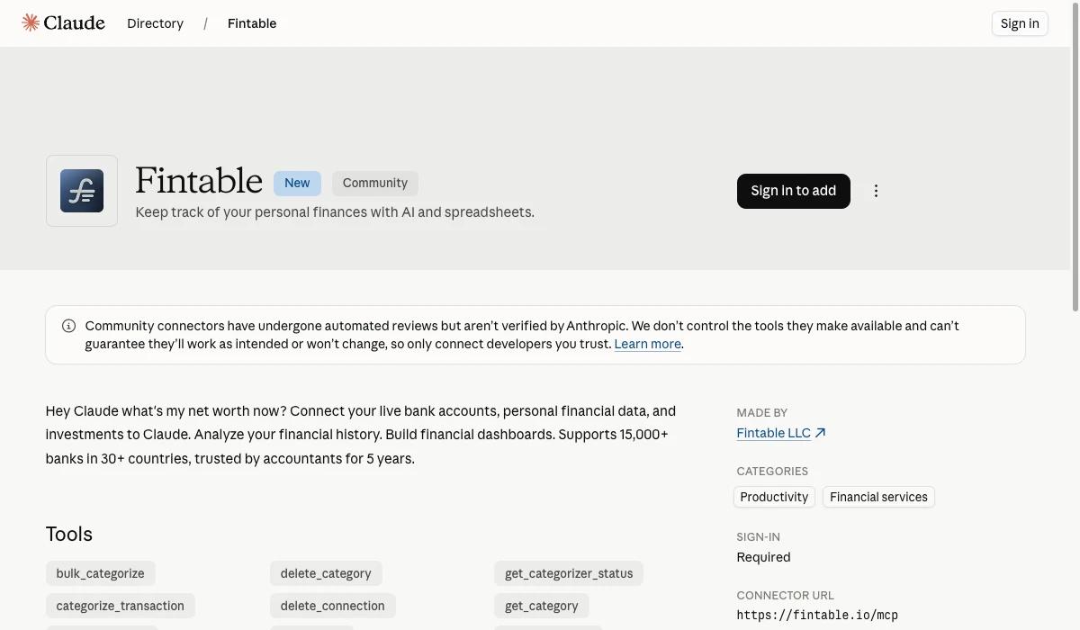 Fintable is now an official Community Connector in the Claude Directory