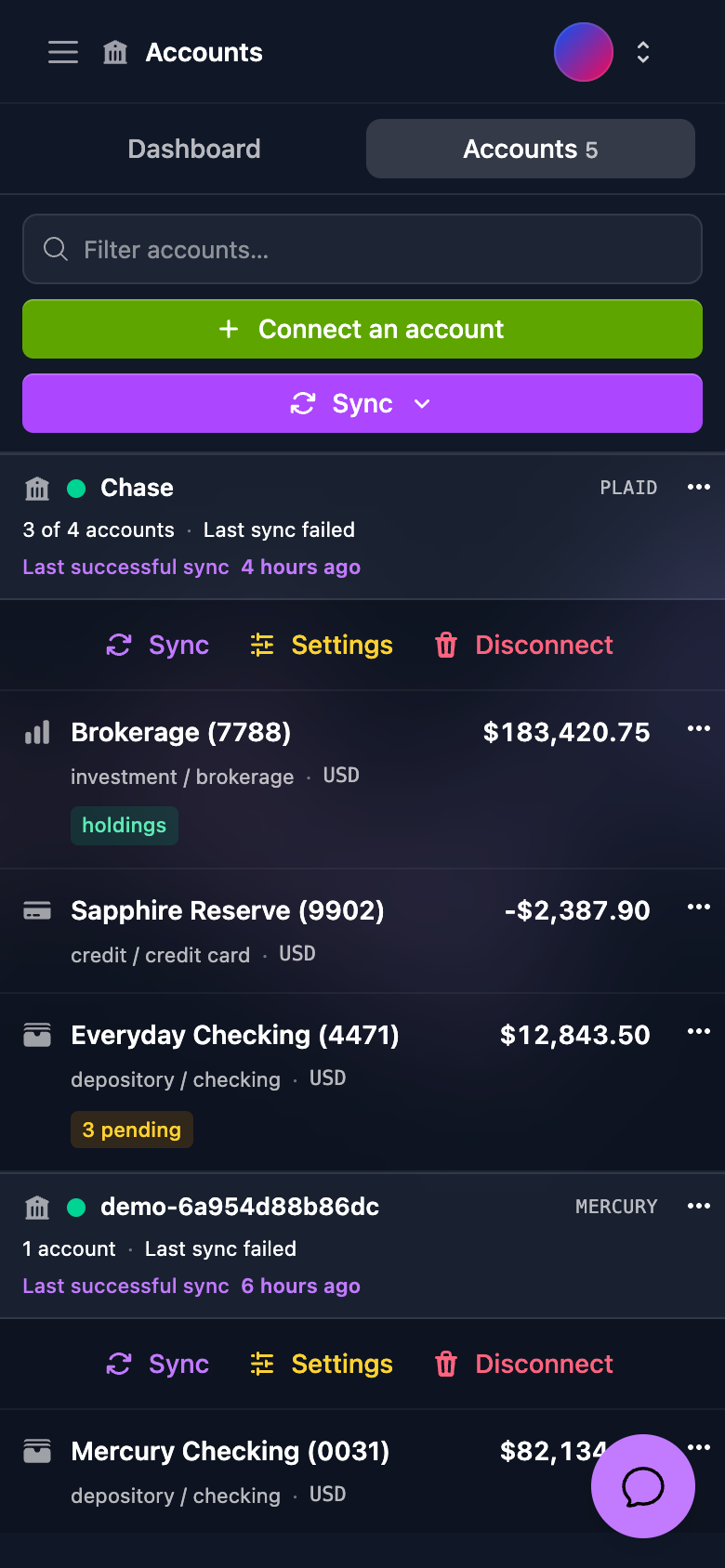 Dashboard V3 account and connection list on iPhone